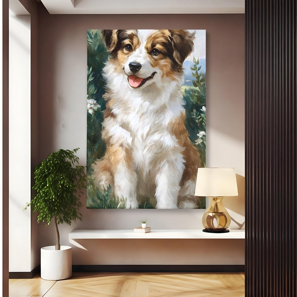 Tablou canvas cu tablou canvas cu catel prietenos in gradina, fara rama, pe sasiu de lemn